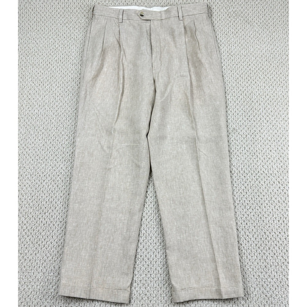 Jos A Bank Dress Pants Fits Mens 34x29 Tan 100% Linen Travelers Pleat Cuffed
